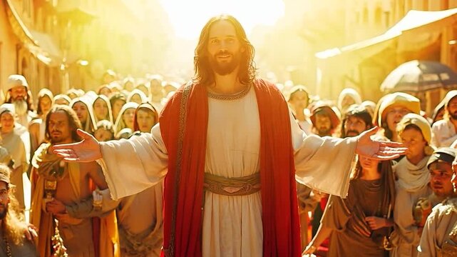 A joyful crowd gathers around a Jesus in robes, as sunlight casts a warm glow over the bustling village at sunset