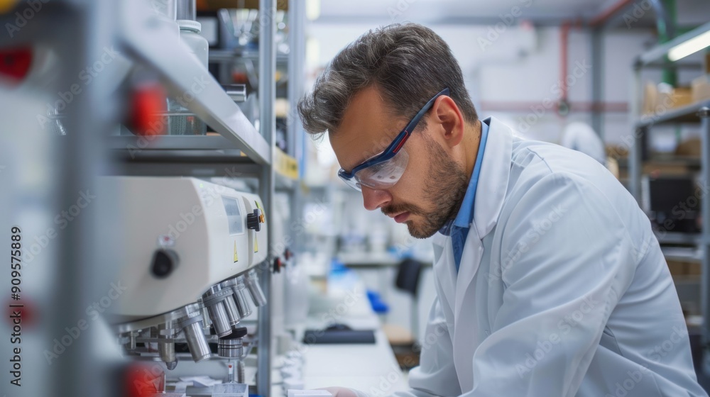Poster engineer in a lab coat examining machinery.