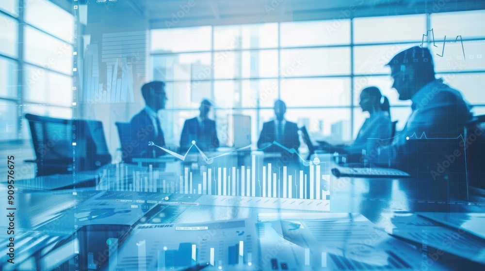 Poster multiple exposure of a business meeting with charts and graphs.