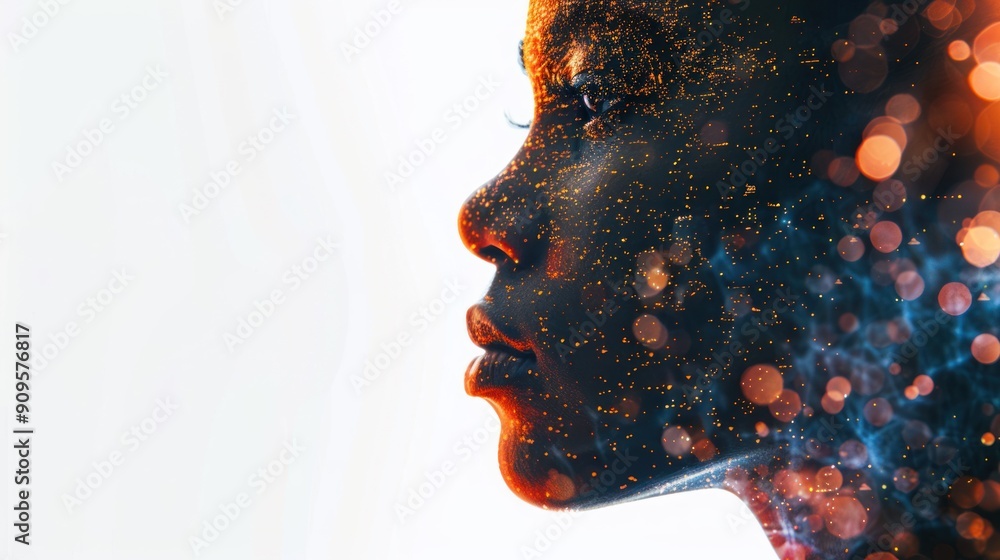Poster multiple exposure of a face with digital patterns.
