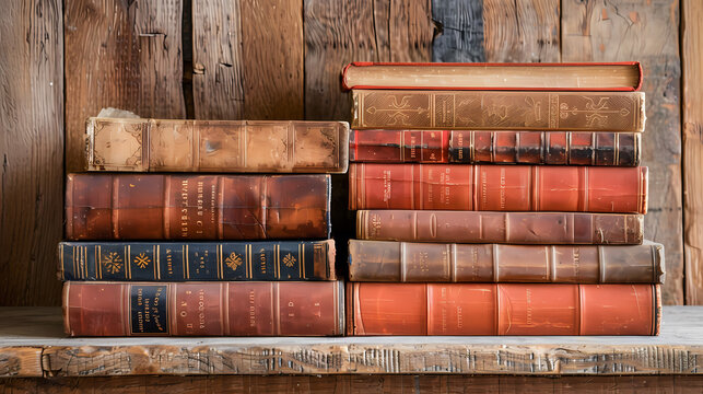 A collection of antique books with worn leather covers sit stacked on a rustic wooden shelf. The aged paper and faded lettering hint at forgotten stories and untold knowledge.
