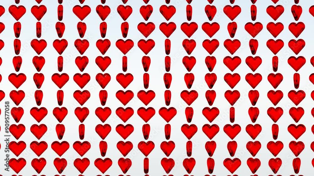 Poster abstract 3d animation with red transparent heart shapes in animated pattern: modern render, basic ge