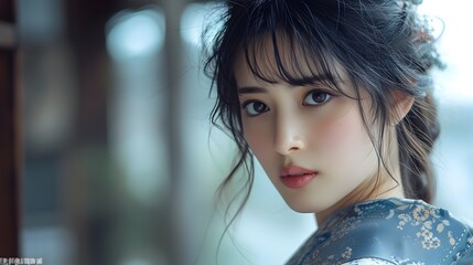 Thoughtful Japanese woman in modern interpretation of traditional dress,subtle expression,muted colors,documentary-style portrait