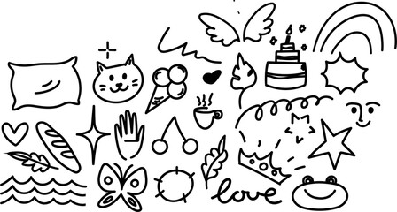 Vector set for wedding. hand-drawn elements for romance and love in the doodle style of cake, champagne bottle, hearts, flags, firecrackers, arrows and balloons with a black line on a white background