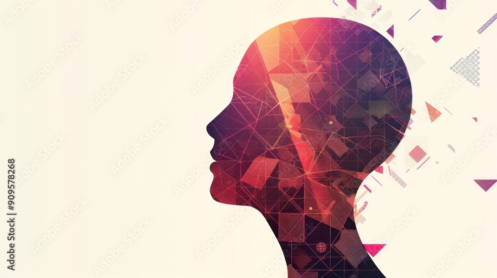 Poster silhouette of a head with abstract geometric patterns.