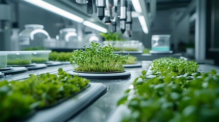 Innovative Hydroponics and Lab-Grown Food Creations in Sleek,High-Tech Environment