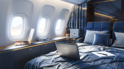 Luxuriously Appointed Aircraft Interior Featuring Comfortable Sleeping Quarters and Scenic Windows During Daylight Hours