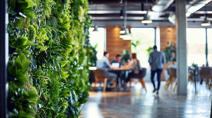 Environment concept. Green office space, Interior of a office with green plants and people in the...