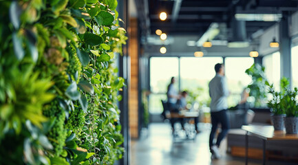 Environment concept. Green office space, Modern office with a green living wall and business people working in the background