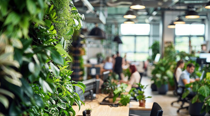 Environment concept. Green office space, Modern green office interior with employees working on computers, enjoying a healthy work environment