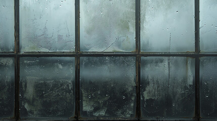 Water Condensation on Vintage Warehouse Window Panes During Rainy Afternoon