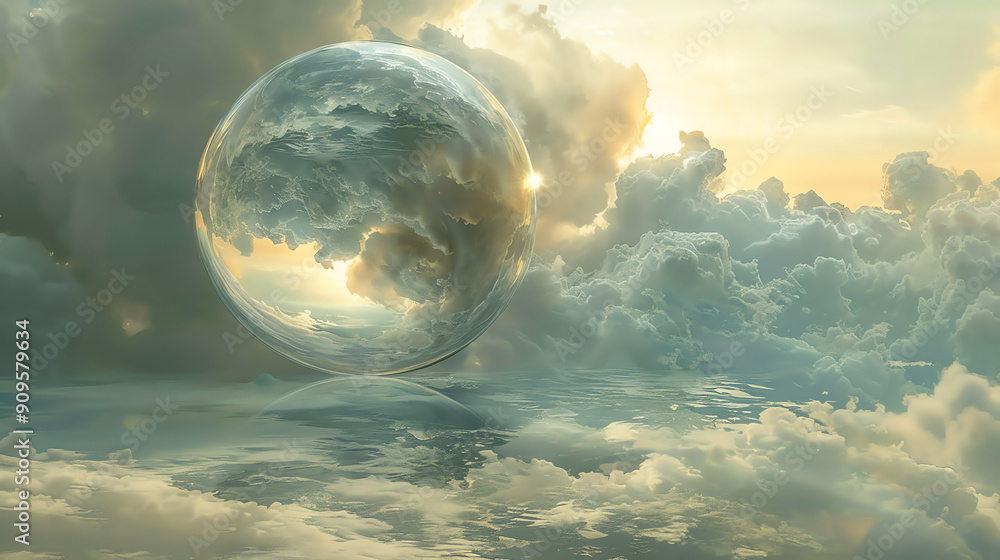 Poster a surreal reflection of clouds and a floating sphere above a tranquil ocean at dusk