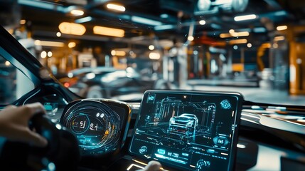 Fototapeta premium futuristic virtual graphic touch user interface depicting the EV electric vehicle technology industry concept, with a blurred auto repair garage in the background