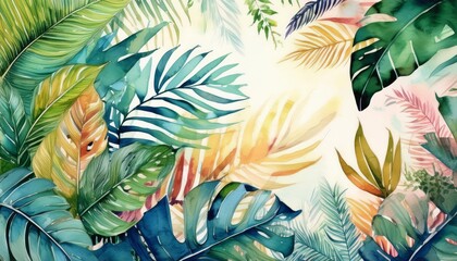 A vibrant display of lush tropical leaves painted in watercolor