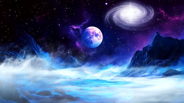 Colorful galaxy with planets and nebulae floating in a mystical cosmic space. Space concept. Seamless looping 4k time-lapse animation video background.