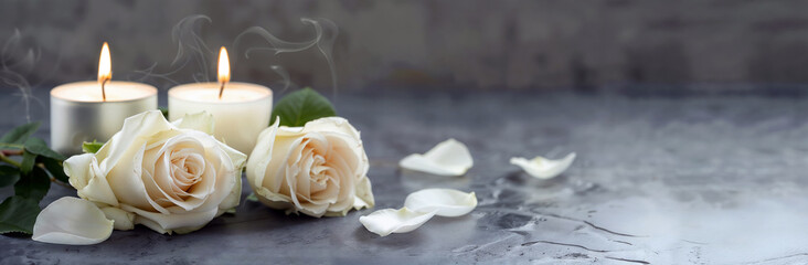 Fototapeta premium Two white roses and lit candles with smoke are standing on gray surface table and copy space background