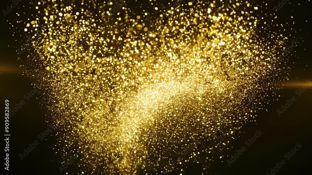Poster glittering golden particles form an enchanting light display against a dark backdrop, captivating vi