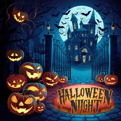 Fototapeta premium Halloween, Poster, Banner, a night with a full moon, haunted house, and playful characters, Halloween Poster, 