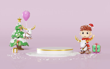 3d podium empty with santa claus riding a rocking deer, gift box, christmas tree isolated on purple background. merry christmas and happy new year, 3d render illustration
