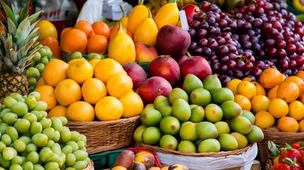Abundant fruit stall, tropical variety, colorful and lively market setting