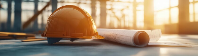 Hard hat and blueprints on a construction site.
