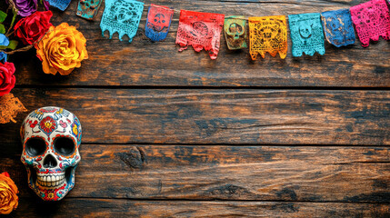 Colorful Dia de los Muertos Skull on Rustic Wooden Background