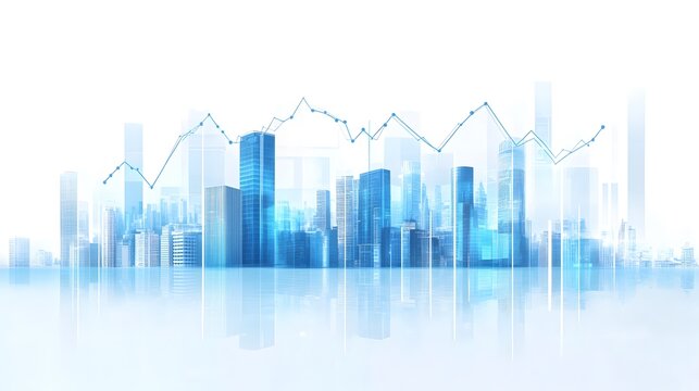 Abstract financial stock market graph with blue color and city buildings on transparent background vector illustration white background