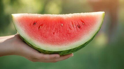 Biting into watermelon, juicy satisfaction, summer heat relief, vibrant red flesh