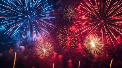 Obraz premium Colorful fireworks display in night sky, festive celebration concept