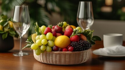 Bottomless fruit basket, ever-fresh fruits, mystical aura, classic wooden table, warm ambiance
