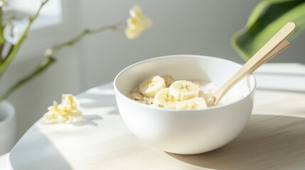 Breakfast table, sliced bananas, cereal bowl, cozy setting, natural light