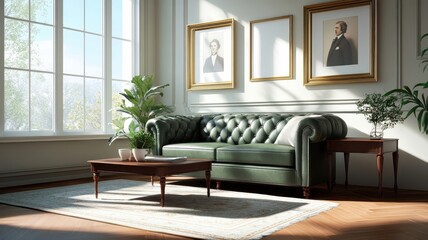 Fototapeta premium Vintage-inspired living room with Chesterfield sofa, portraits, and gilded mirrors.