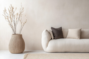 Japanese minimalism inspired home interiors composition. Interior design minimalist conceptual image for Real Estate.