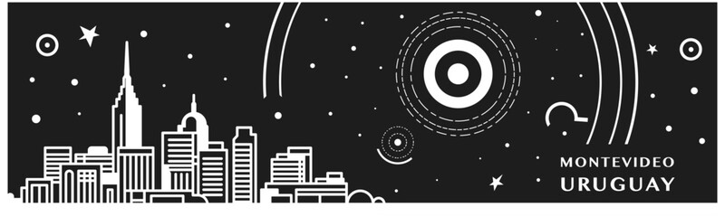 Obraz premium Montevideo city thin line style banner with black and white cityscape and skyline. Chalkboard vector horizontal illustration, header, footer for Uruguay