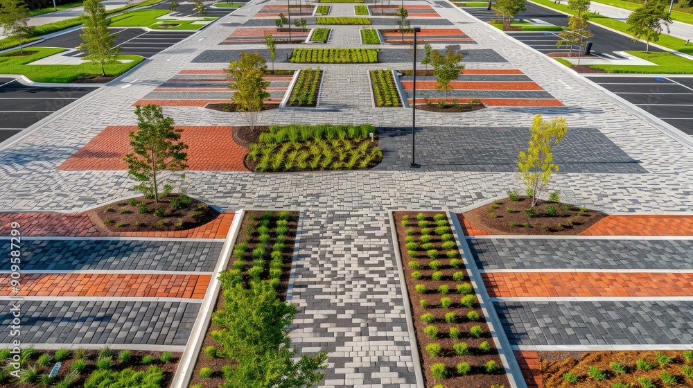 Poster aerial view of a commercial parking lot using permeable paving materials, with different colored pav