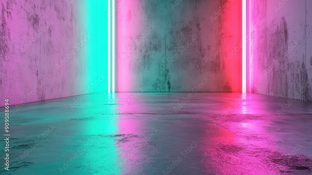 Aufkleber neon lights cast colorful reflections on a textured concrete wall, creating an abstract, dynamic atm