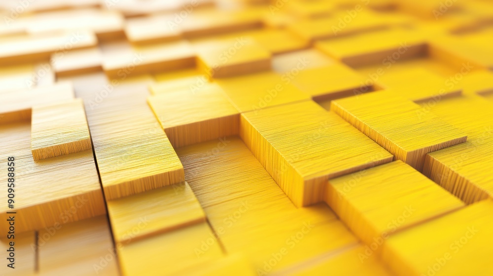Poster a dynamic composition of yellow geometric blocks arranged in a textured abstract pattern