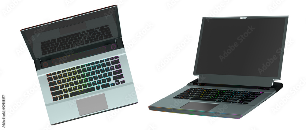 Poster set of modern laptops with rgb lights isolated on white background with clipping path.