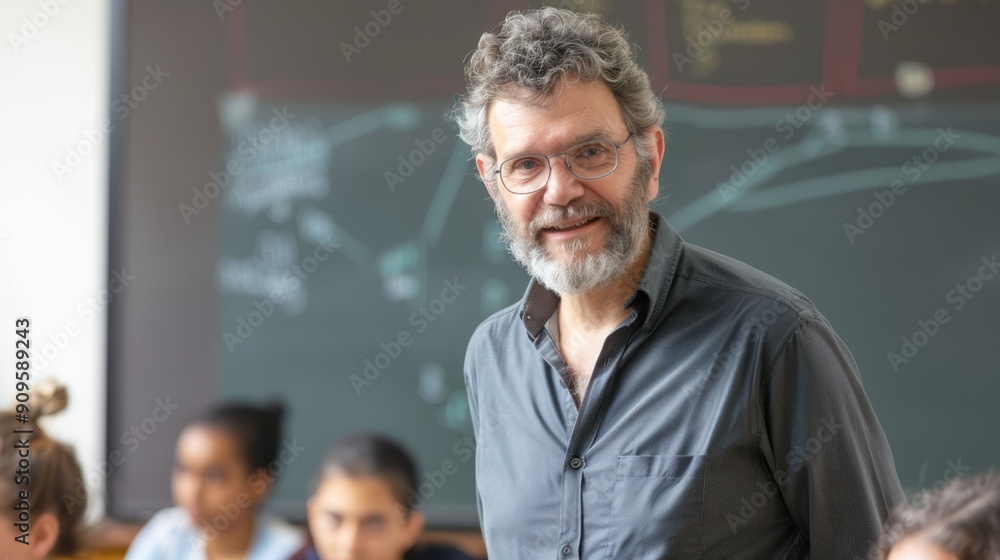 Poster portrait of a sociology professor explaining a complex concept in front of a class