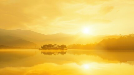 Fototapeta premium Peaceful Lake Reflection at Sunset, Warm Yellow Tones. 