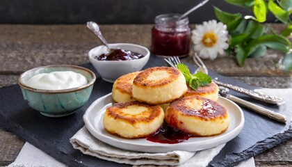 Tasty Syrniki: Sweet Belarusian Cheese Pancakes Served with Jam and Sour Cream