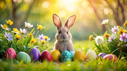 Easter Bunny with colorful Easter eggs in a spring garden , Easter, bunny, eggs, holiday, celebration, spring, garden