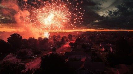 Fireworks Display Over a Suburb at Dusk