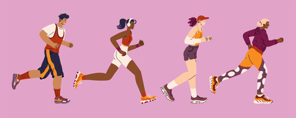 Group of people in sportswear running. Happy and fulfilling life. Sports marathon running. Daily activity and healthy lifestyle. Vector illustration isolated on transparent background.