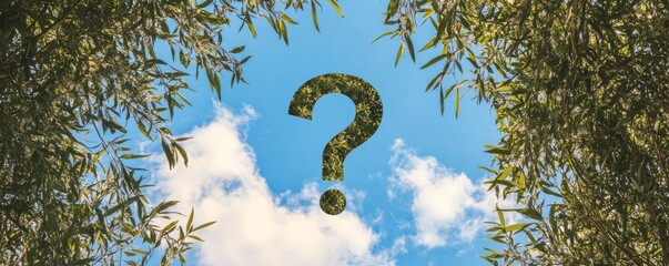 Question mark in blue sky surrounded by tree branches, nature inquiry concept