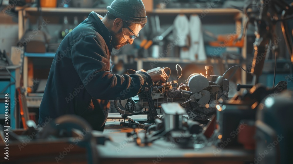 Poster mechanic tuning a chainsaw engine on a workbench