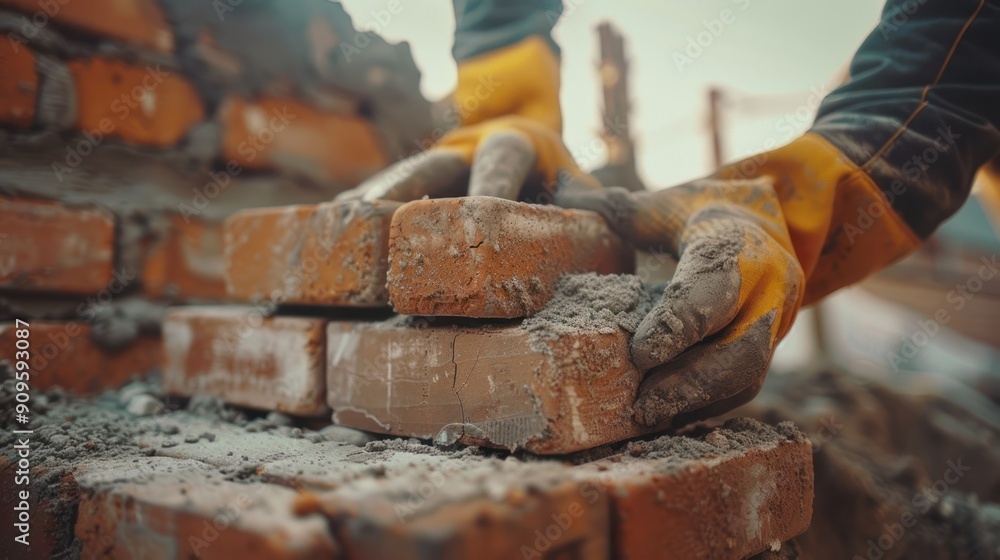 Poster a construction worker laying bricks and mortar on a new building project, working with precision.