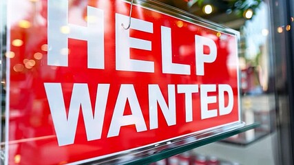 A bright red sign prominently shows Help Wanted in large white letters, indicating job opportunities at a local business during daylight hours