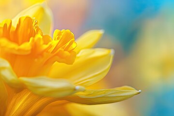 Obraz premium Close up of yellow daffodil petals vibrant colors blurred garden background macro photography