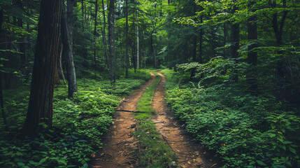 Obraz premium Lush Green Forest Path Welcoming Explorers on a Bright Sunny Day